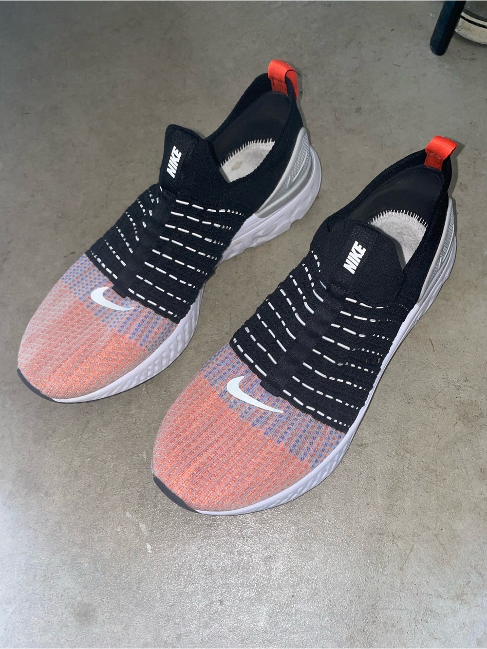 Nike Men’s Slip-On Knit Sneakers — Black, Orange & White